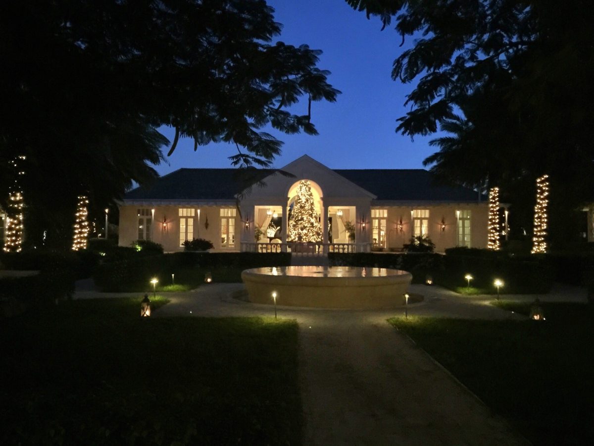 View of The Palms' lobby, dressed for Christmas, from the Parallel23 patio.