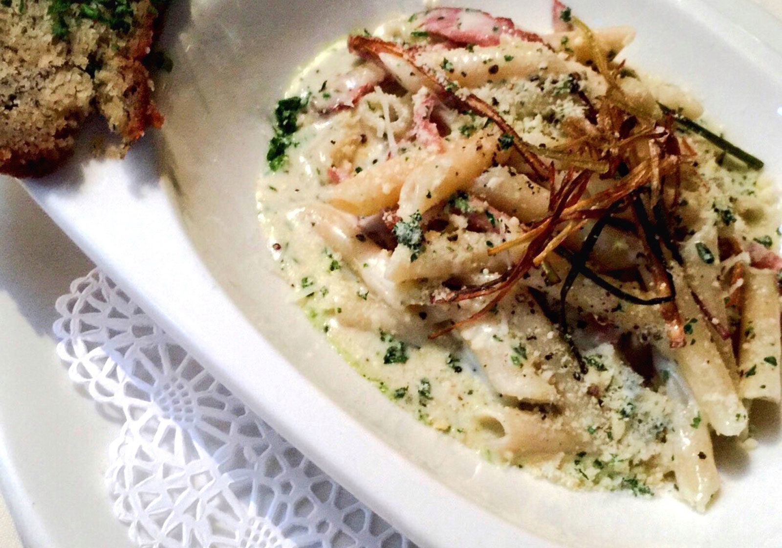 6th anniversary dinner at Coyaba. Penne with shaved ham and crispy onions in a creamy alfredo sauce. And a surprising side of banana bread?