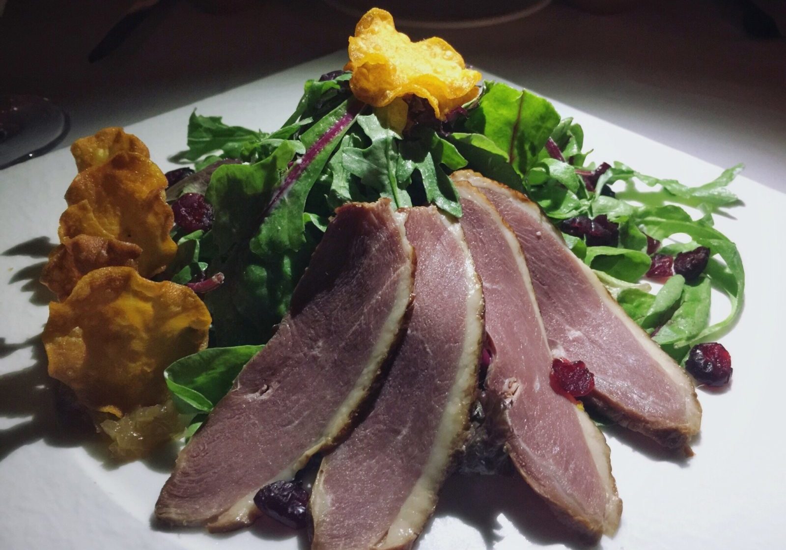 Arugula salad with fall flavors and duck breast.